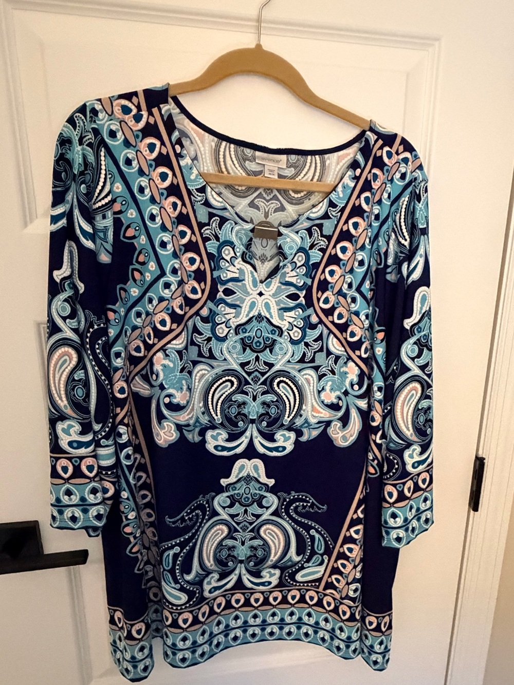 Avenue Plus 26/28 Teal and Navy Paisley V-Neck Tunic BOHO
